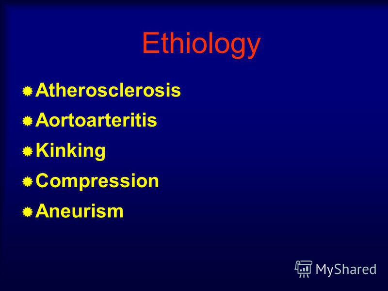 Ethiology Atherosclerosis Aortoarteritis Kinking Compression Aneurism
