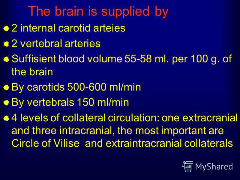 The brain is supplied by 2 internal carotid arteies 2 vertebral arteries Suffisient blood volume 55-58 ml. per 100 g. of the brain By carotids 500-600 ml/min By vertebrals 150 ml/min 4 levels of collateral circulation: one extracranial and three intr