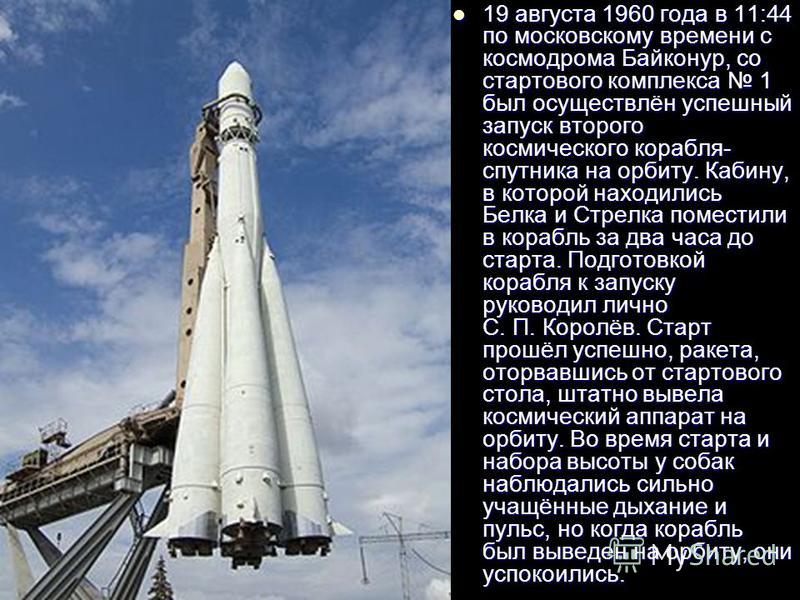 19 августа 1960 года в 11:44 по московскому времени с космодрома Байконур, со стартового комплекса 1 был осуществлён успешный запуск второго космического корабля- спутника на орбиту. Кабину, в которой находились Белка и Стрелка поместили в корабль за