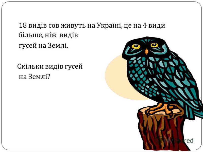 18 видів сов живуть на Україні, це на 4 види більше, ніж видів гусей на Землі. Скільки видів гусей на Землі ?