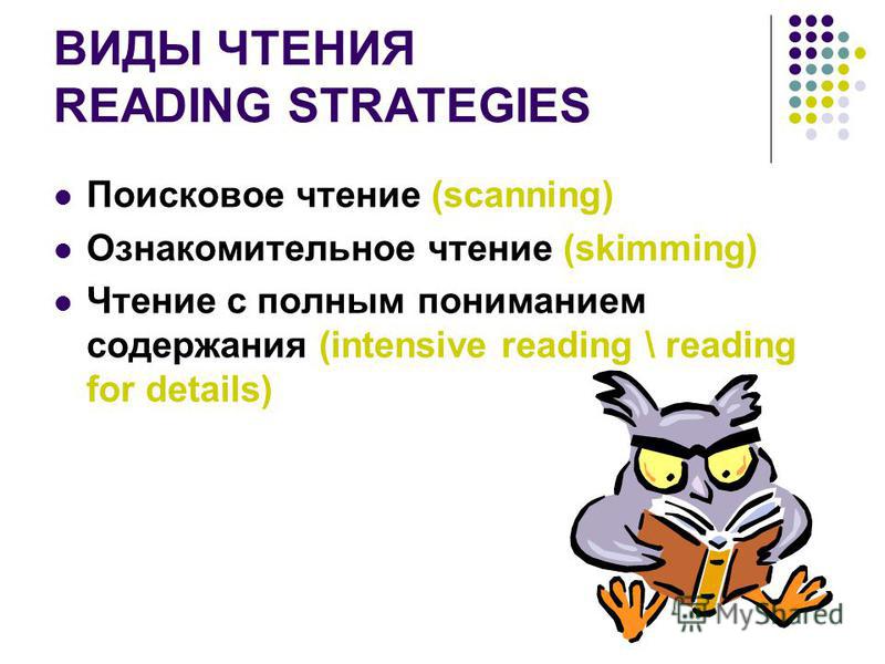 ВИДЫ ЧТЕНИЯ READING STRATEGIES Поисковое чтение (scanning) Ознакомительное чтение (skimming) Чтение с полным пониманием содержания (intensive reading \ reading for details)