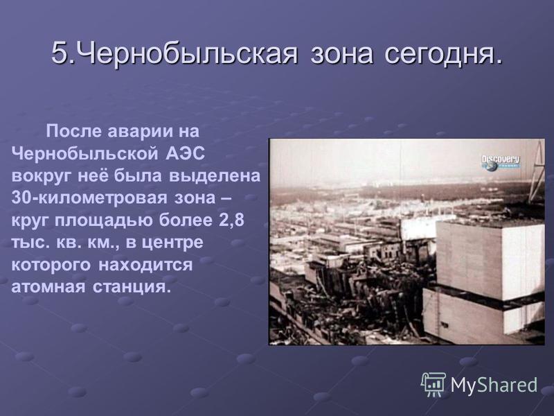 5. Чернобыльская зона сегодня. После аварии на Чернобыльской АЭС вокруг неё была выделена 30-километровая зона – круг площадью более 2,8 тыс. кв. км., в центре которого находится атомная станция.