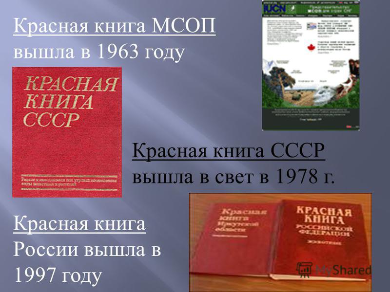 Красная книга МСОП вышла в 1963 году Красная книга СССР вышла в свет в 1978 г. Красная книга России вышла в 1997 году