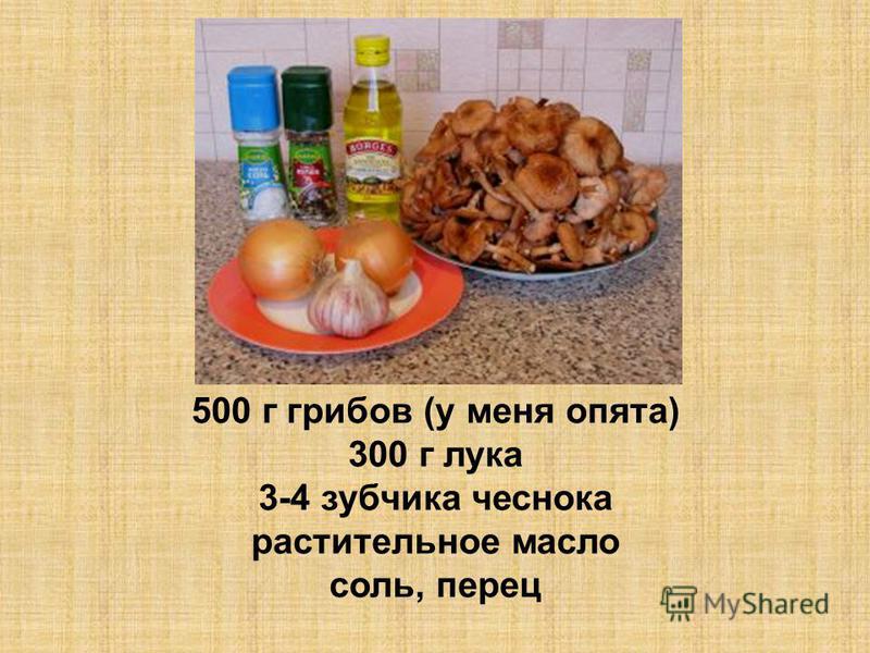 500 г грибов (у меня опята) 300 г лука 3-4 зубчика чеснока растительное масло соль, перец