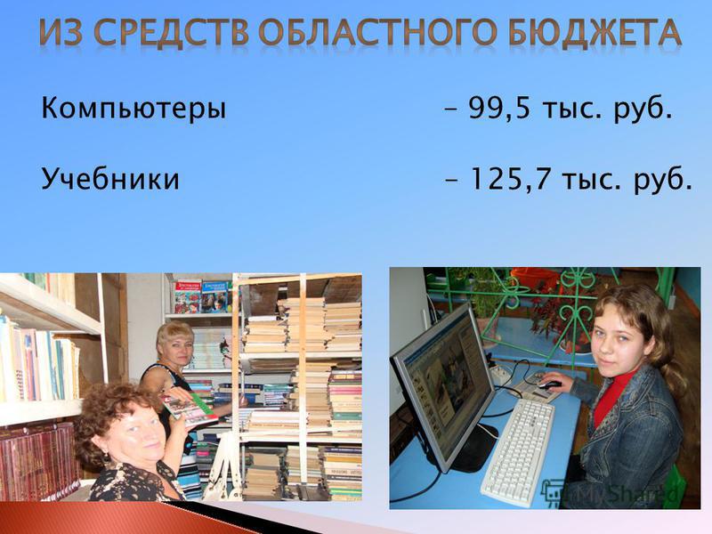 Компьютеры – 99,5 тыс. руб. Учебники – 125,7 тыс. руб.