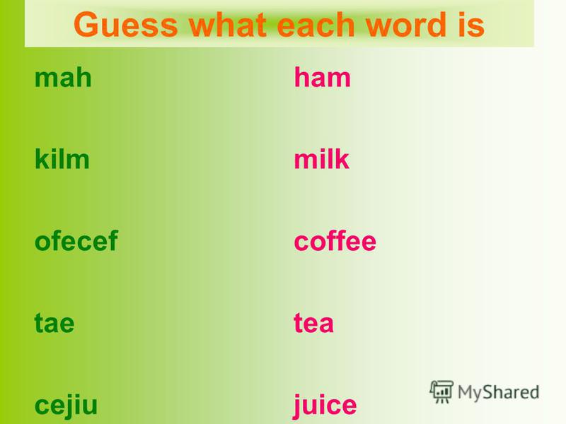 mah kilm ofecef tae cejiu ham milk coffee tea juice Guess what each word is