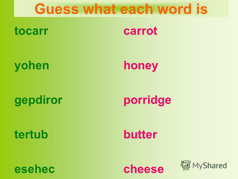 tocarr yohen gepdiror tertub esehec carrot honey porridge butter cheese Guess what each word is