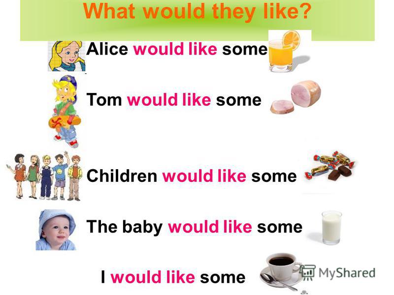 What would they like? Alice would like some Tom would like some Children would like some The baby would like some I would like some