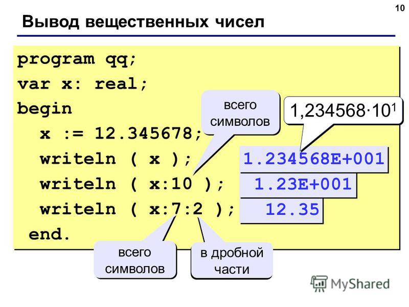 10 Вывод вещественных чисел program qq; var x: real; begin x := 12.345678; writeln ( x ); writeln ( x:10 ); writeln ( x:7:2 ); end. program qq; var x: real; begin x := 12.345678; writeln ( x ); writeln ( x:10 ); writeln ( x:7:2 ); end. 12.35 всего си
