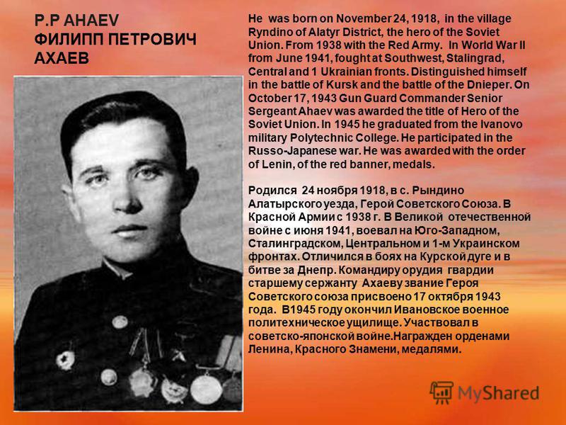 P.P AHAEV ФИЛИПП ПЕТРОВИЧ АХАЕВ He was born on November 24, 1918, in the village Ryndino of Alatyr District, the hero of the Soviet Union. From 1938 with the Red Army. In World War II from June 1941, fought at Southwest, Stalingrad, Central and 1 Ukr