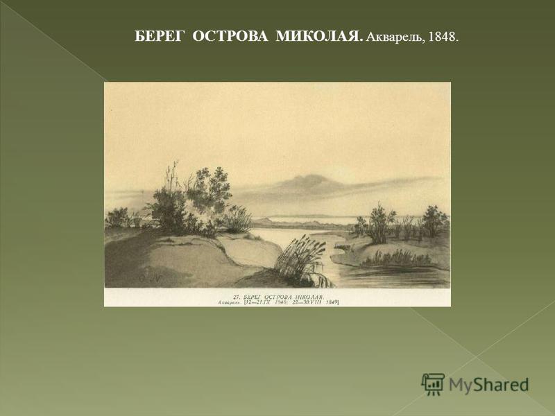 БЕРЕГ ОСТРОВА МИКОЛАЯ. Акварель, 1848.