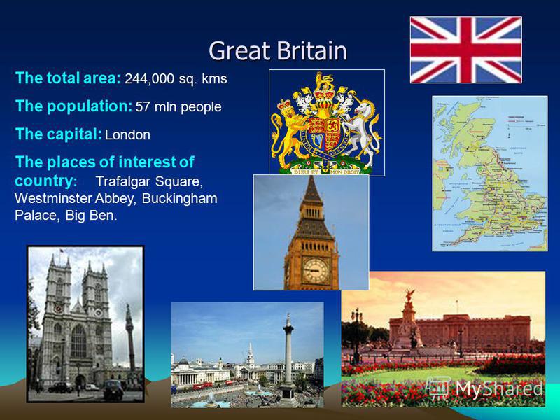 Great Britain The total area: 244,000 sq. kms The population: 57 mln people The capital: London The places of interest of country : Trafalgar Square, Westminster Abbey, Buckingham Palace, Big Ben.