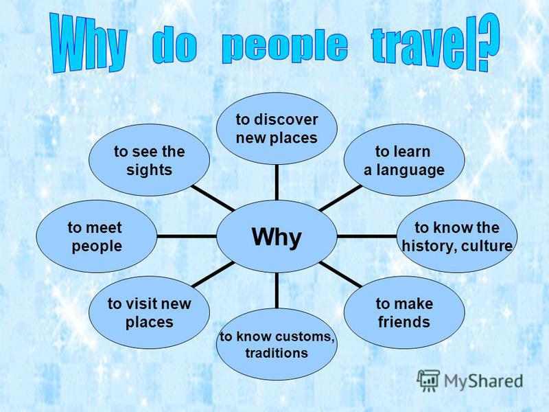 Why to discover new places to learn a language to know the history, culture to make friends to know customs, traditions to visit new places to meet people to see the sights