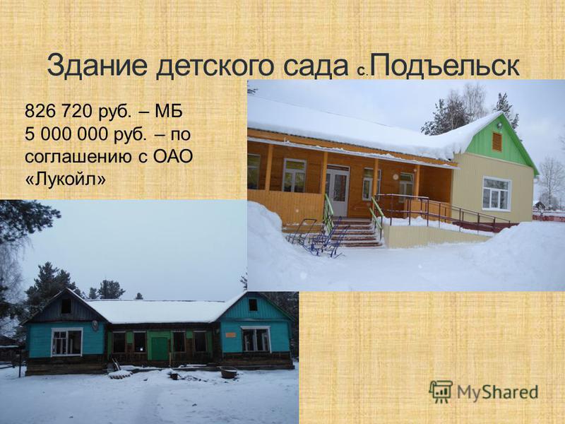 Здание детского сада с. Подъельск 826 720 руб. – МБ 5 000 000 руб. – по соглашению с ОАО «Лукойл»
