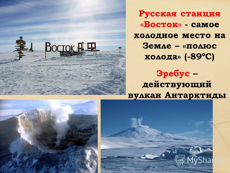 Русская станция «Восток» - самое холодное место на Земле – «полюс холода» (-89ºС) Эребус – действующий вулкан Антарктиды