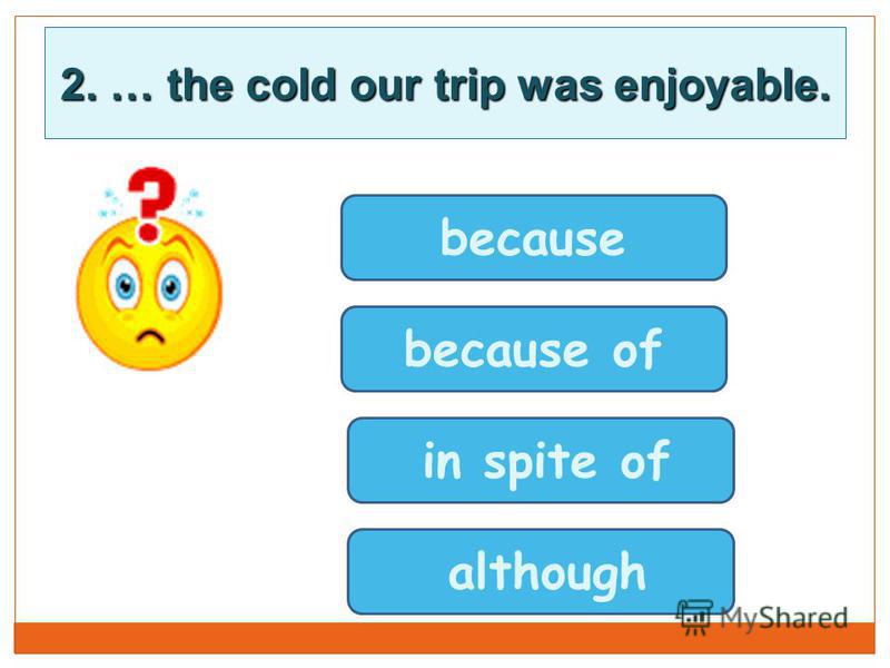 because because of in spite of although 2. … the cold our trip was enjoyable.