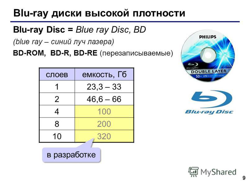 9 Blu-ray диски высокой плотности Blu-ray Disc = Blue ray Disc, BD (blue ray – синий луч лазера) BD-ROM, BD-R, BD-RE (перезаписываемые) слоев емкость, Гб 123,3 – 33 246,6 – 66 4100 8200 10320 в разработке
