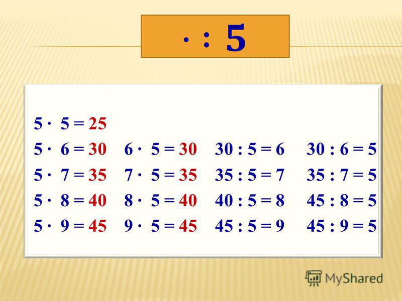 5 · 5 = 25 5 · 6 = 30 6 · 5 = 30 30 : 5 = 6 30 : 6 = 5 5 · 7 = 35 7 · 5 = 35 35 : 5 = 7 35 : 7 = 5 5 · 8 = 40 8 · 5 = 40 40 : 5 = 8 45 : 8 = 5 5 · 9 = 45 9 · 5 = 45 45 : 5 = 9 45 : 9 = 5
