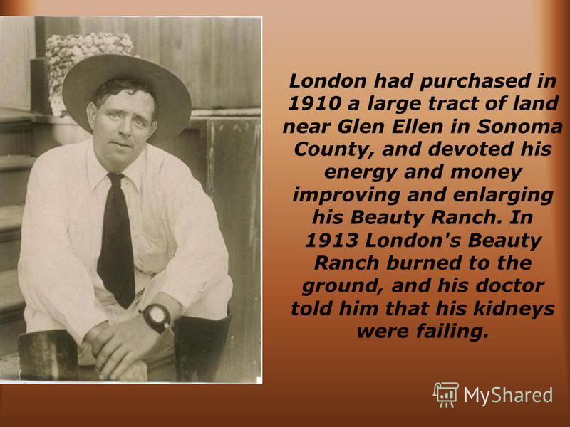 London had purchased in 1910 a large tract of land near Glen Ellen in Sonoma County, and devoted his energy and money improving and enlarging his Beauty Ranch. In 1913 London's Beauty Ranch burned to the ground, and his doctor told him that his kidne
