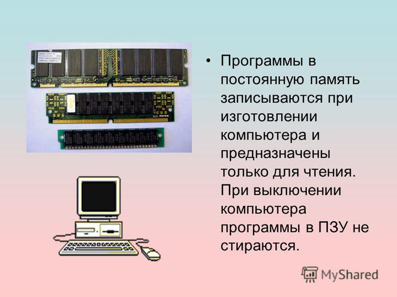 Программы в постоянную память записываются при изготовлении компьютера и предназначены только для чтения. При выключении компьютера программы в ПЗУ не стираются.