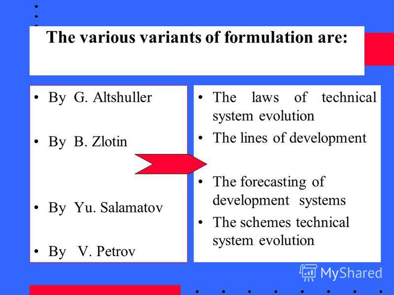 By G. Altshuller By B. Zlotin By Yu. Salamatov By V. Petrov The laws of technical system evolution The lines of development The forecasting of development systems The schemes technical system evolution The various variants of formulation are: