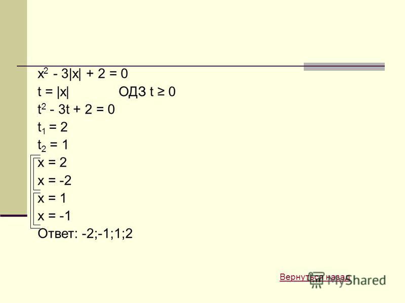 x 2 - 3|x| + 2 = 0 t = |x|ОДЗ t 0 t 2 - 3t + 2 = 0 t 1 = 2 t 2 = 1 x = 2 x = -2 x = 1 x = -1 Ответ: -2;-1;1;2 Вернуться назад