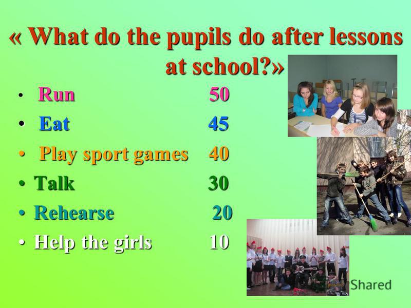 « What do the pupils do after lessons at school?» Run 50 Eat 45 Eat 45 Play sport games 40 Play sport games 40 Talk 30Talk 30 Rehearse 20Rehearse 20 Help the girls 10Help the girls 10