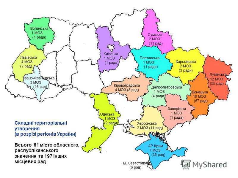 Складні територіальні утворення (в розрізі регіонів України) Всього 61 місто обласного, республіканського значення та 197 інших місцевих рад