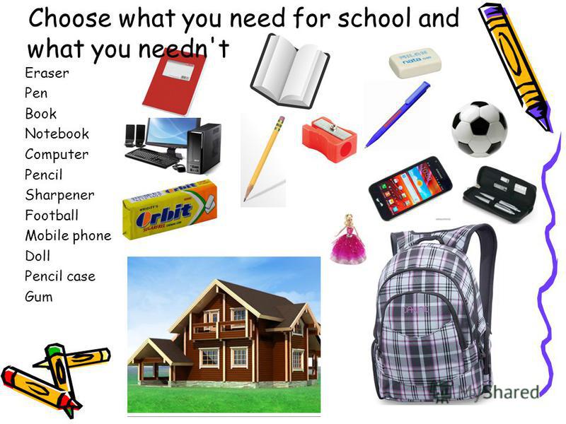 Choose what you need for school and what you needn't Eraser Pen Book Notebook Computer Pencil Sharpener Football Mobile phone Doll Pencil case Gum