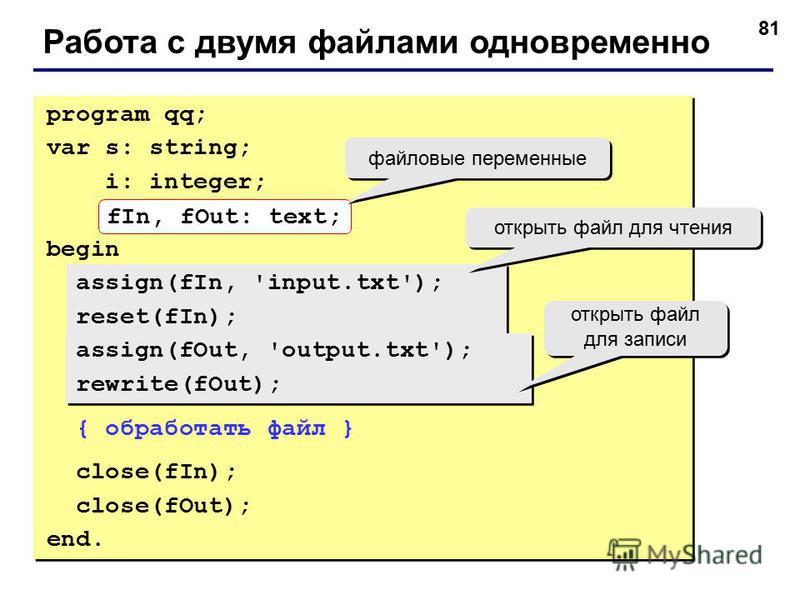 81 Работа с двумя файлами одновременно program qq; var s: string; i: integer; fIn, fOut: text; begin assign(fIn, 'input.txt'); reset(fIn); assign(fOut, 'output.txt'); rewrite(fOut); { обработать файл } close(fIn); close(fOut); end. fIn, fOut: text; ф