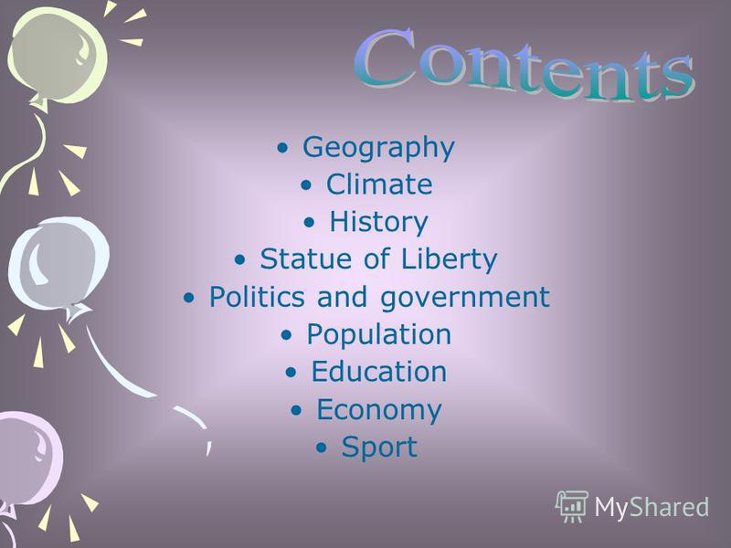 Geography Climate History Statue of Liberty Politics and government Population Education Economy Sport