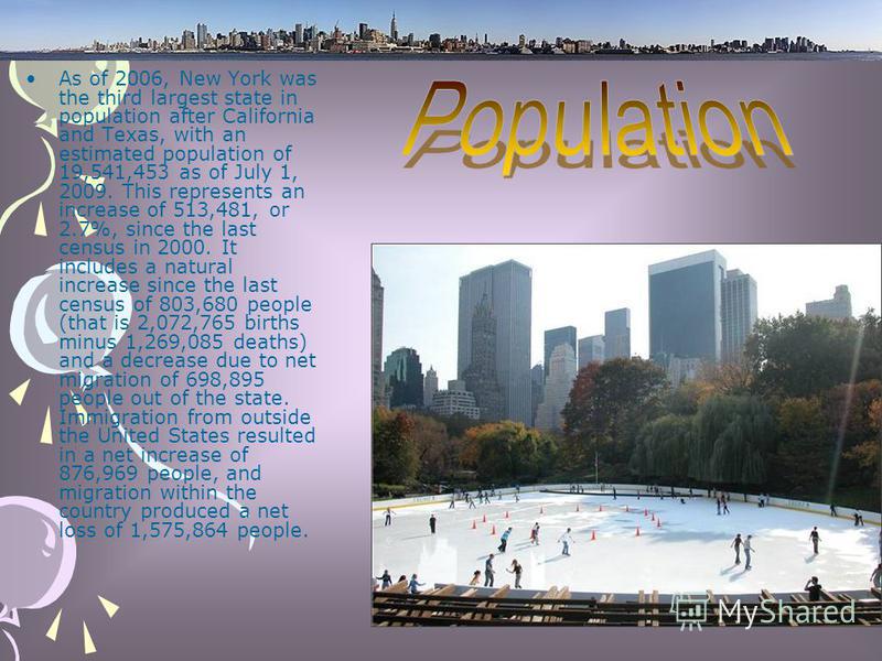 As of 2006, New York was the third largest state in population after California and Texas, with an estimated population of 19,541,453 as of July 1, 2009. This represents an increase of 513,481, or 2.7%, since the last census in 2000. It includes a na