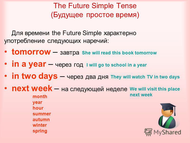 The Future Simple Tense (Будущее простое время) Для времени the Future Simple характерно употребление следующих наречий: tomorrow – завтра in a year – через год in two days – через два дня next week – на следующей неделе month year hour summer autumn