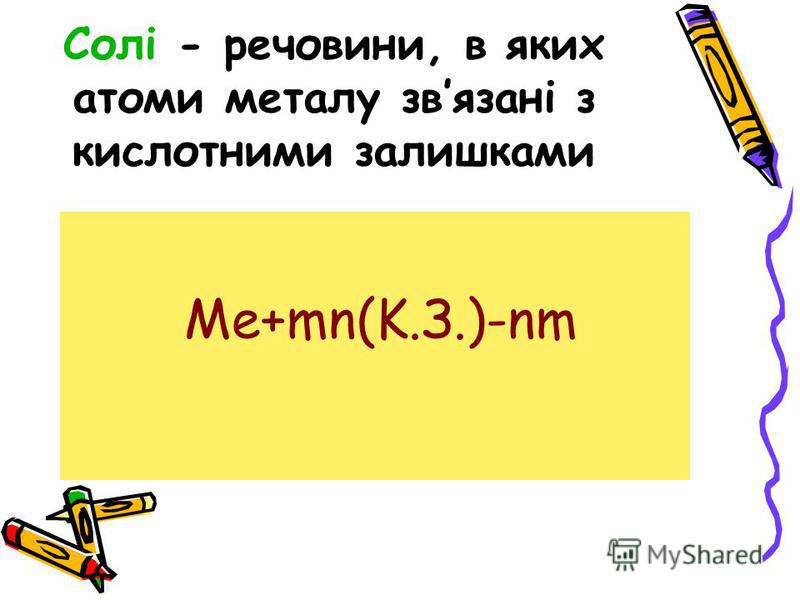 Солі - речовини, в яких атоми металу звязані з кислотними залишками Me+mn(K.З.)-nm