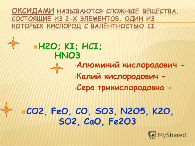 H2O; KI; HCI; HNO3 Алюминий кислородович - Калий кислородович – Сера трикислородовна - CO2, FeO, CO, SO3, N2O5, K2O, SO2, CaO, Fe2O3