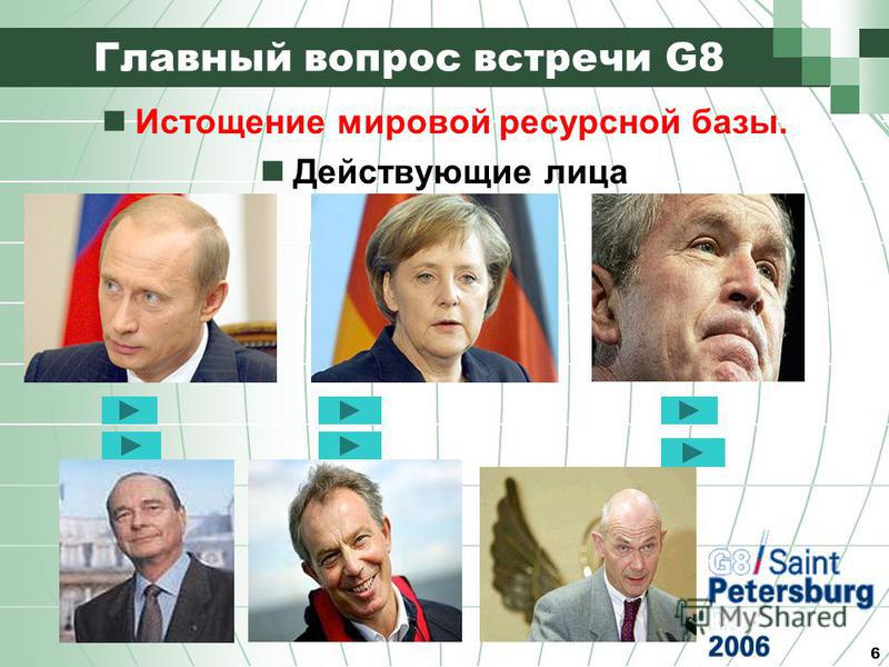 6 Главный вопрос встречи G8 Истощение мировой ресурсной базы. Действующие лица