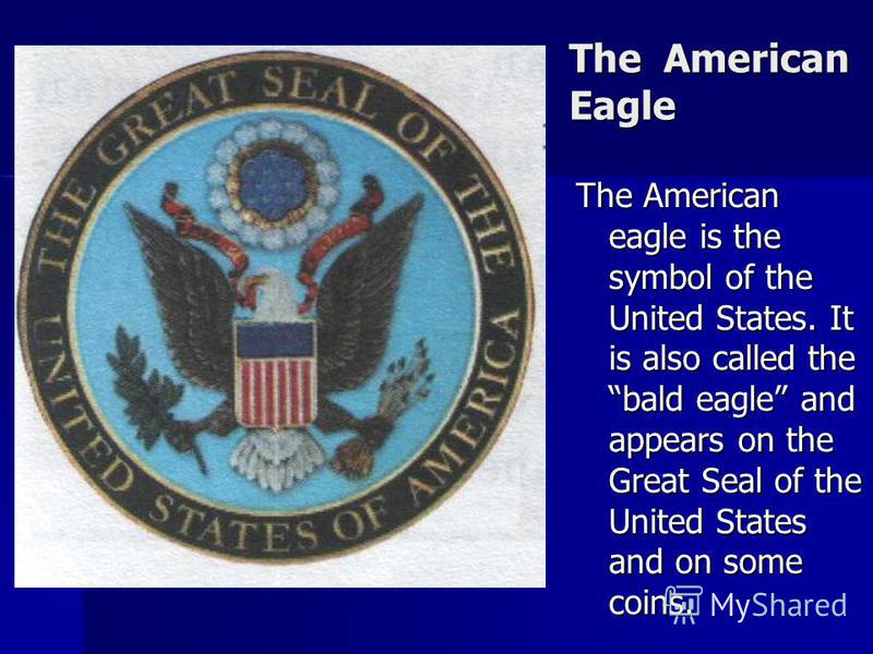The American Eagle The American eagle is the symbol of the United States. It is also called the bald eagle and appears on the Great Seal of the United States and on some coins.