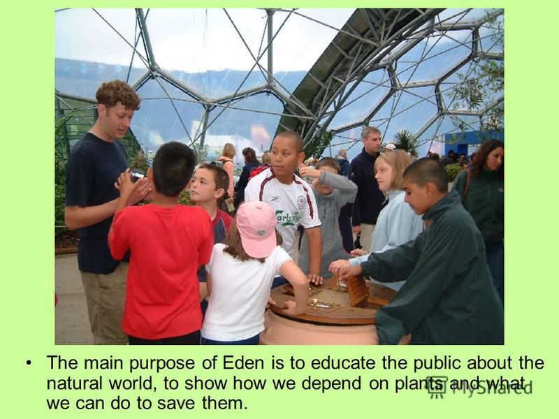The main purpose of Eden is to educate the public about the natural world, to show how we depend on plants and what we can do to save them.