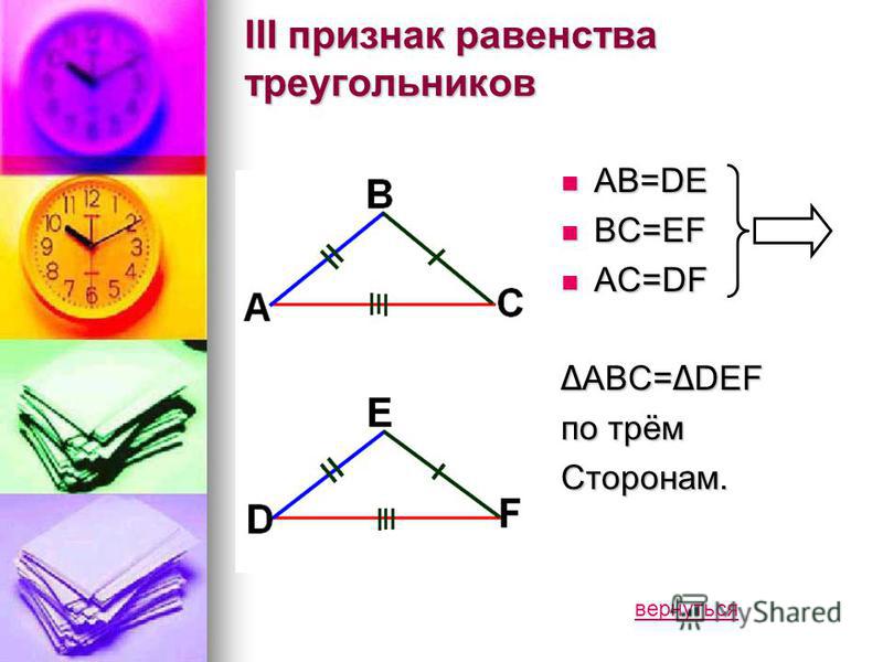 III признак равенства треугольников AB=DE AB=DE BC=EF BC=EF AC=DF AC=DF Δ ABC= Δ DEF по трём Сторонам. вернуться