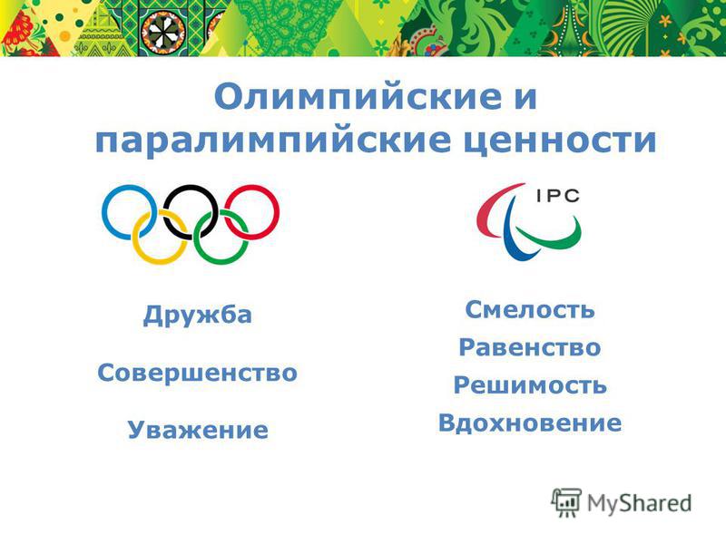 Олимпийские и параолимпийские ценности Дружба Совершенство Уважение Смелость Равенство Решимость Вдохновение