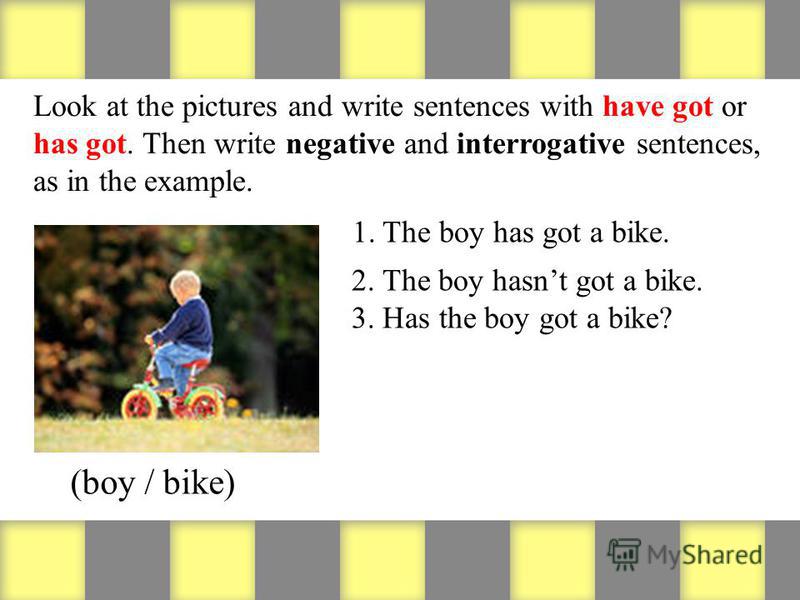 Look at the pictures and write sentences with have got or has got. Then write negative and interrogative sentences, as in the example. (boy / bike) 1. The boy has got a bike. 2. The boy hasnt got a bike. 3. Has the boy got a bike?