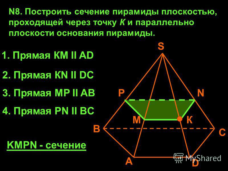 N8. Построить сечение пирамиды плоскостью, проходящей через точку К и параллельно плоскости основания пирамиды. А В С D К S 1. Прямая КМ II AD 2. Прямая КN II DC N M 3. Прямая МP II AB P 4. Прямая PN II BC KMPN - сечение
