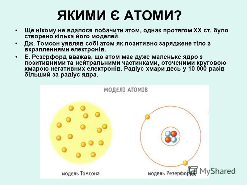 ЯКИМИ Є АТОМИ? Ще нікому не вдалося побачити атом, однак протягом XX ст. було створено кілька його моделей. Дж. Томсон уявляв собі атом як позитивно заряджене тіло з вкрапленнями електронів. Е. Резерфорд вважав, що атом має дуже маленьке ядро з позит