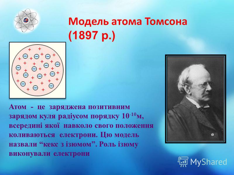 Модель атома Томсона (1897 р.) Атом - це заряджена позитивним зарядом куля радіусом порядку 10 -10 м, всередині якої навколо свого положення коливаються електрони. Цю модель назвали кекс з ізюмом. Роль ізюму виконували електрони