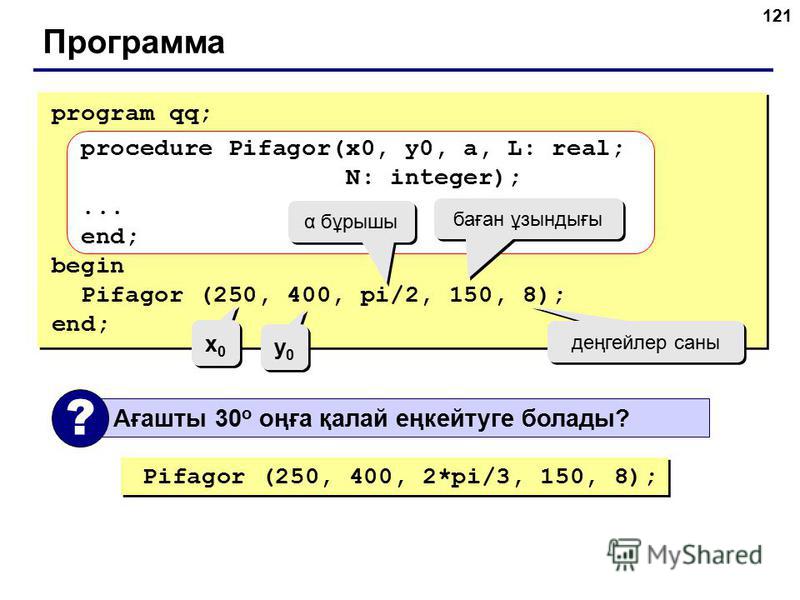 121 Программа program qq; procedure Pifagor(x0, y0, a, L: real; N: integer);... end; begin Pifagor (250, 400, pi/2, 150, 8); end; α бұрышы баған ұзындығы деңгейлер саны x0x0 x0x0 y0y0 y0y0 Ағашты 30 o оңға қалай еңкейтуге болады? ? Pifagor (250, 400,