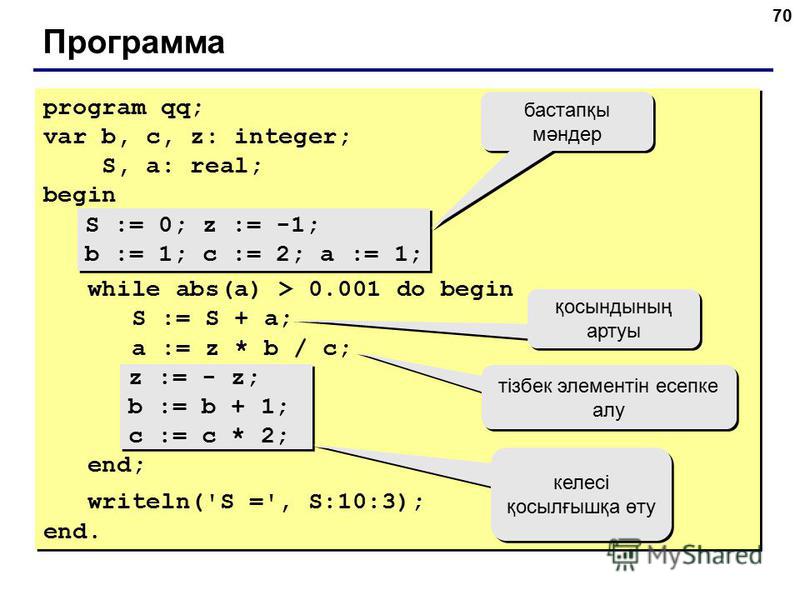 70 Программа program qq; var b, c, z: integer; S, a: real; begin S := 0; z := -1; b := 1; c := 2; a := 1; while abs(a) > 0.001 do begin S := S + a; a := z * b / c; z := - z; b := b + 1; c := c * 2; end; writeln('S =', S:10:3); end. program qq; var b,