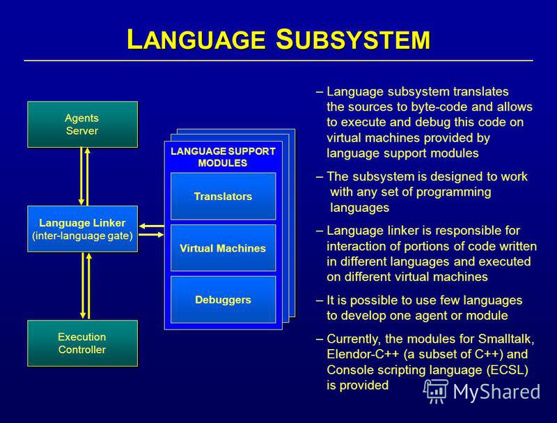 L ANGUAGE S UBSYSTEM – Language subsystem translates the sources to byte-code and allows to execute and debug this code on virtual machines provided by language support modules – The subsystem is designed to work with any set of programming languages