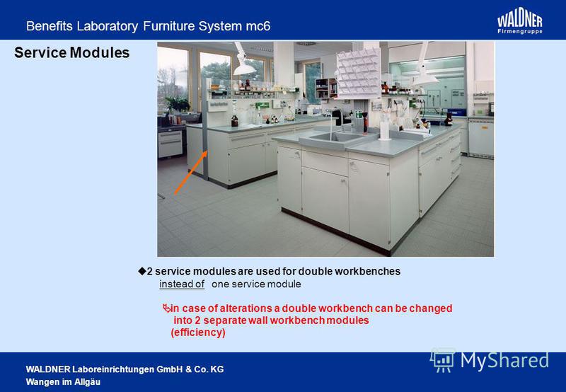 WALDNER Laboreinrichtungen GmbH & Co. KG Wangen im Allgäu Benefits Laboratory Furniture System mc6 Service Modules 2 service modules are used for double workbenches instead of one service module in case of alterations a double workbench can be change
