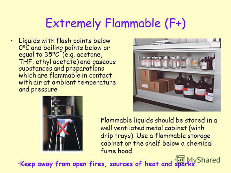 Extremely Flammable (F+) Liquids with flash points below 0 º C and boiling points below or equal to 35 º C (e.g. acetone, THF, ethyl acetate) and gaseous substances and preparations which are flammable in contact with air at ambient temperature and p