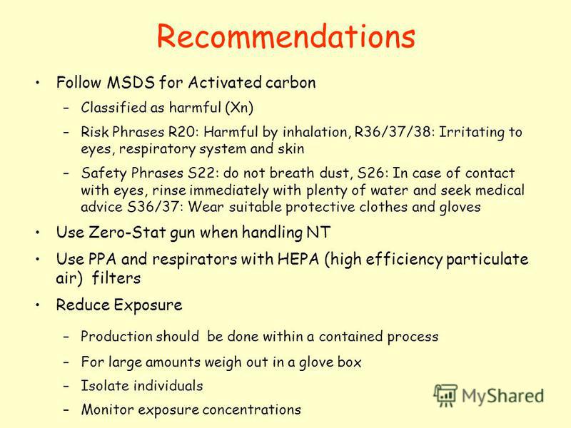 Recommendations Follow MSDS for Activated carbon –Classified as harmful (Xn) –Risk Phrases R20: Harmful by inhalation, R36/37/38: Irritating to eyes, respiratory system and skin –Safety Phrases S22: do not breath dust, S26: In case of contact with ey